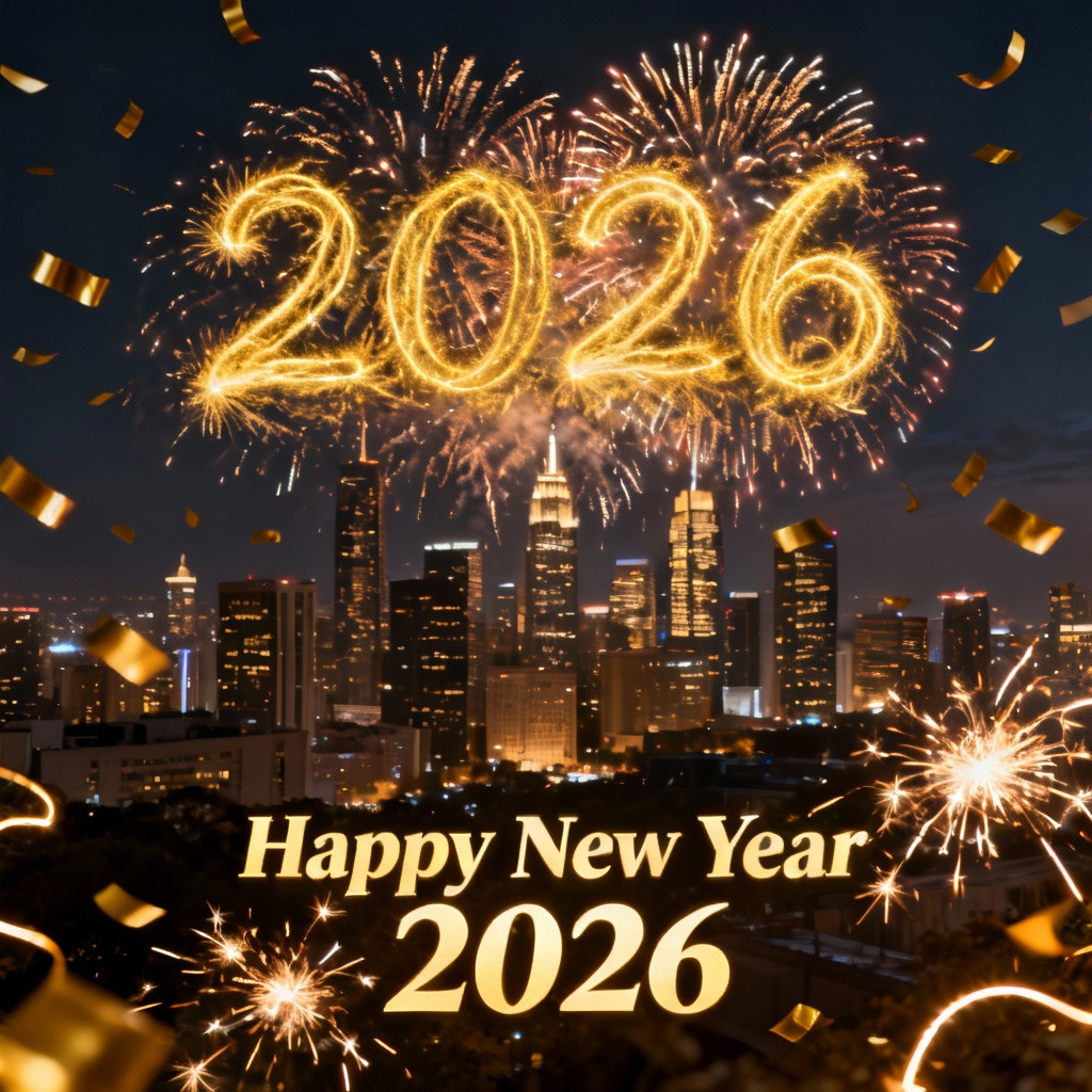 Happy New Year 2026 fireworks celebration over a city skyline