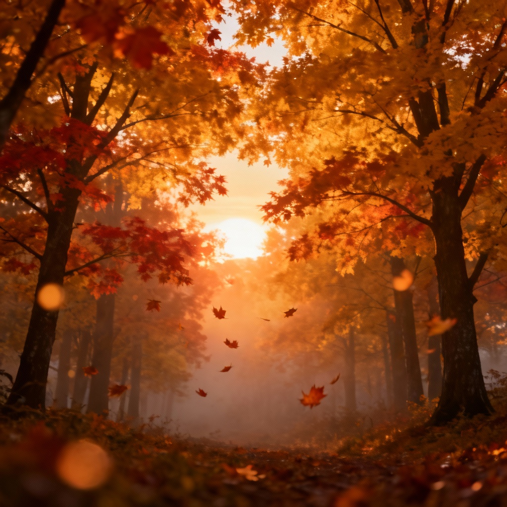 AI fall background featuring golden maple forest at sunset