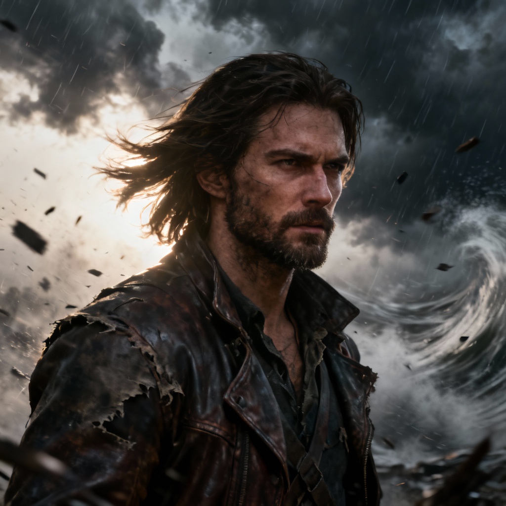 Male character with long hair streaming in dramatic wind