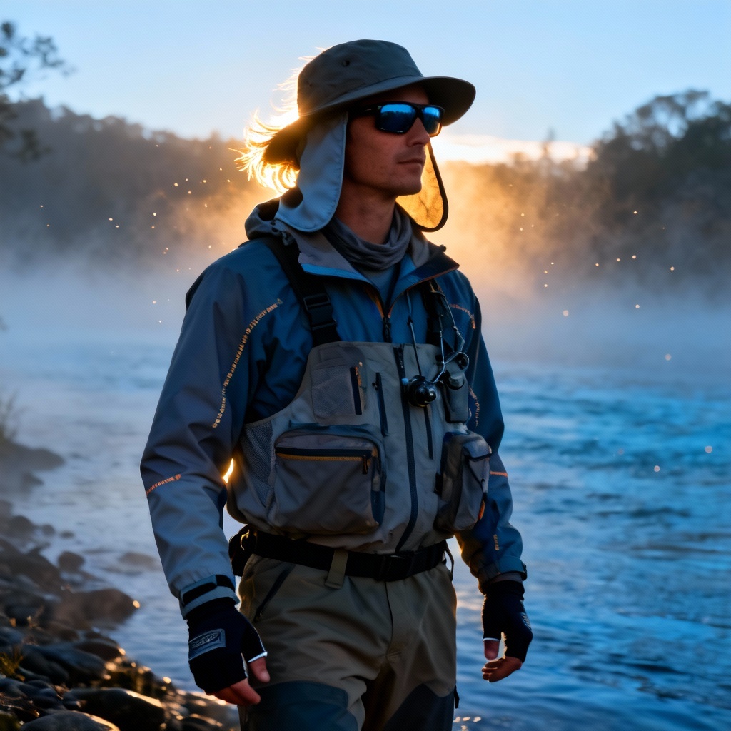 AI fishing attire mockup with layered rain shell, UPF hoodie, waders, hat and gloves