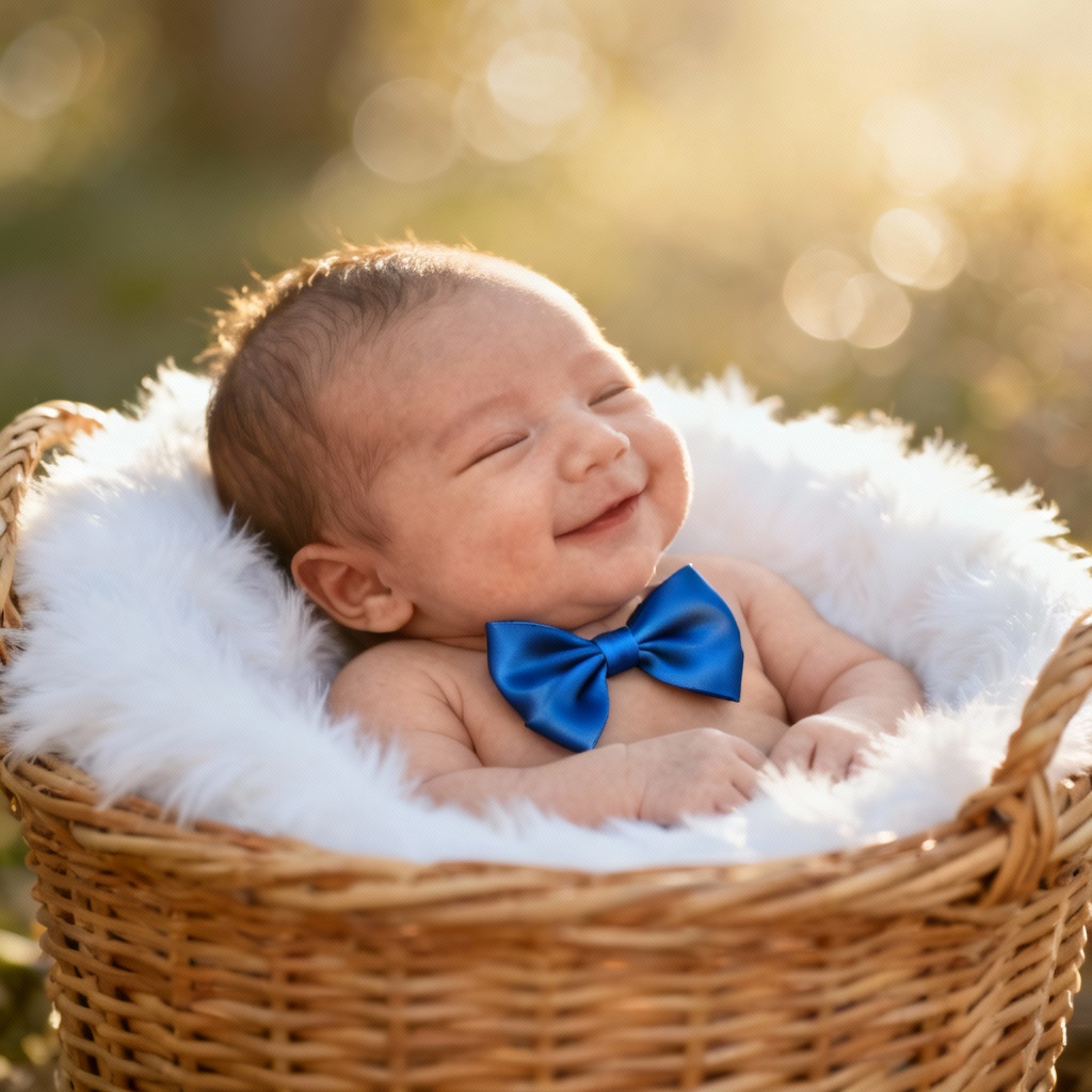 AI newborn baby in basket with blue bow