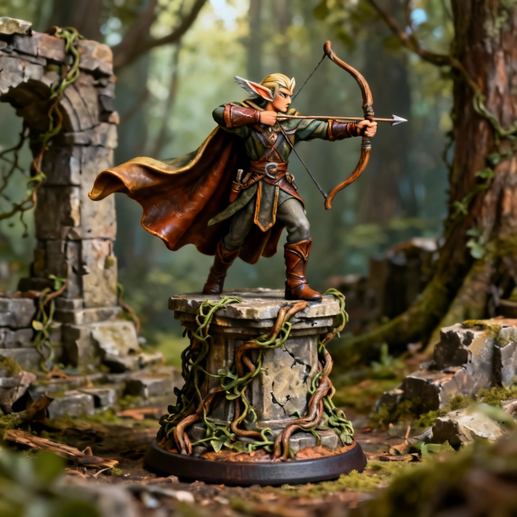 AI fantasy elf archer figurine in dynamic pose