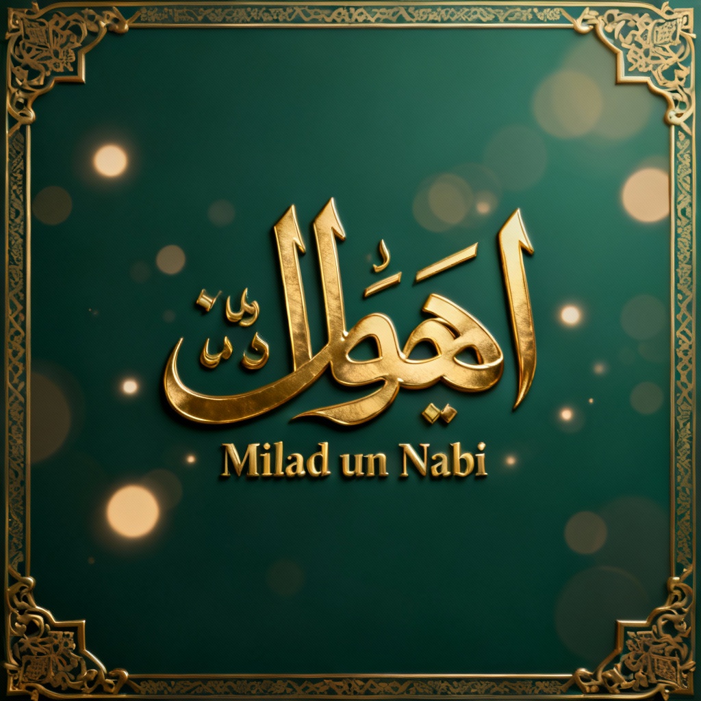 Gold foil Milad un Nabi Arabic calligraphy on green background