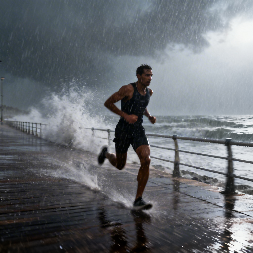 Athlete sprinting through ocean spray and rain
