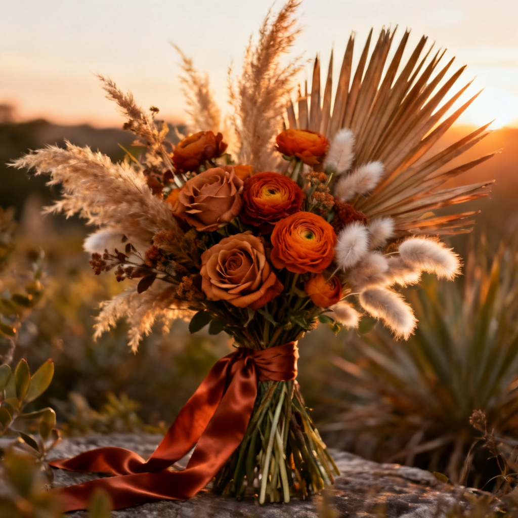 AI boho bridal bouquet with terracotta tones and pampas grass