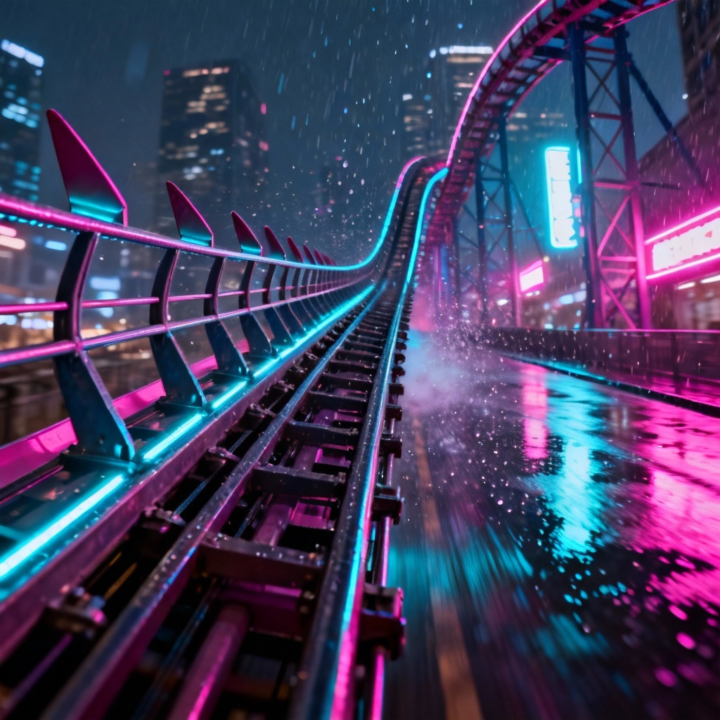 AI roller coaster POV at night with neon city lights