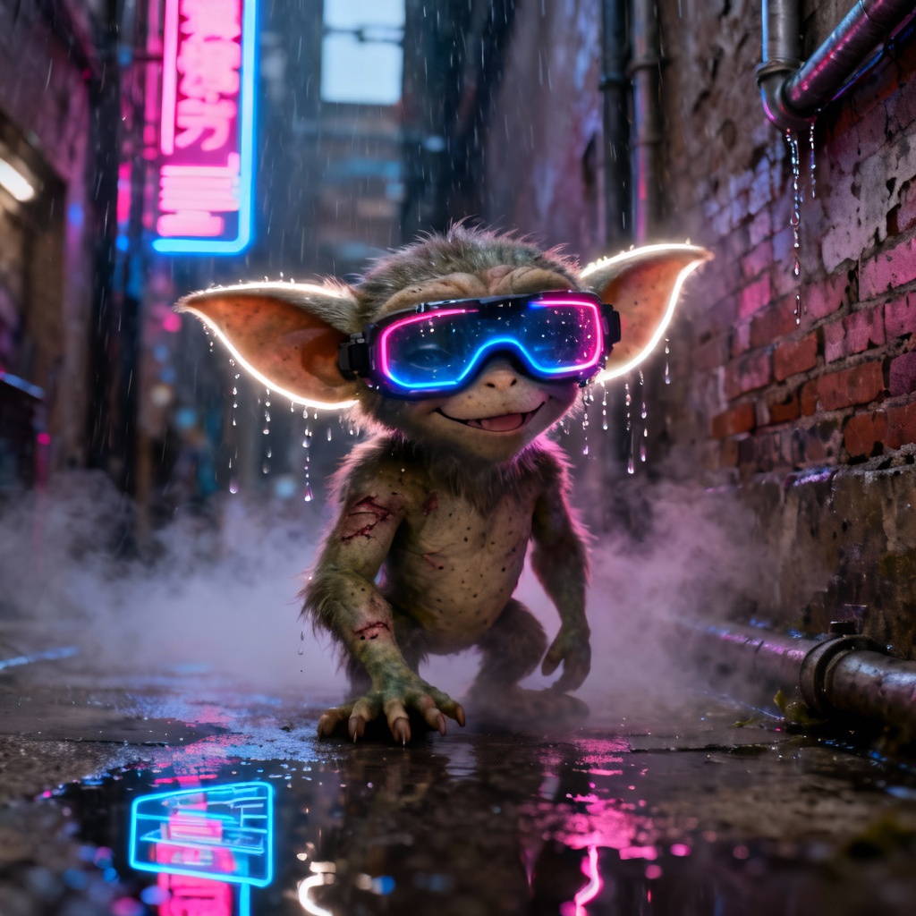 AI-generated mischievous gremlin character with glowing goggles in neon light