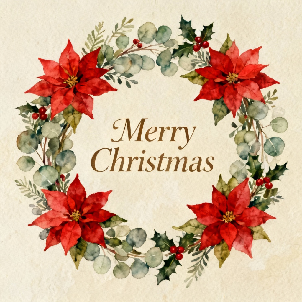 Watercolor poinsettia wreath Merry Christmas wallpaper for tablet