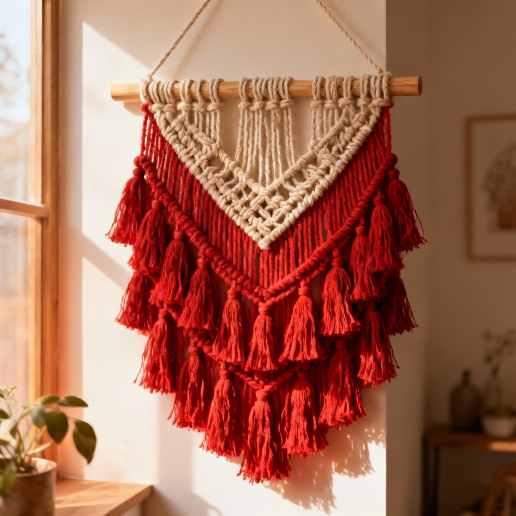 Boho macrame wall hanging featuring layered red tassels