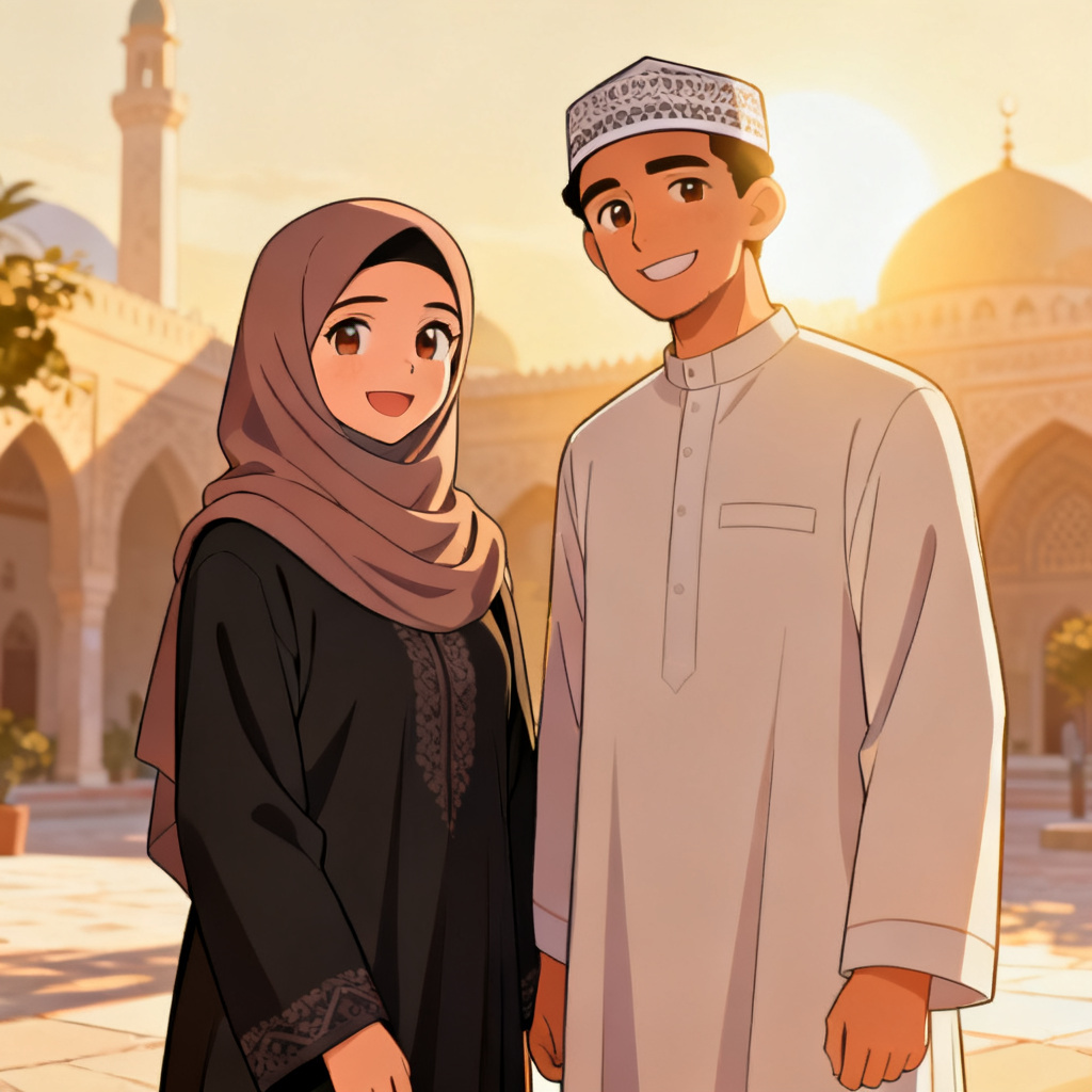 Group of anime Muslim characters wearing hijab, abaya, and thobe in a sunny courtyard