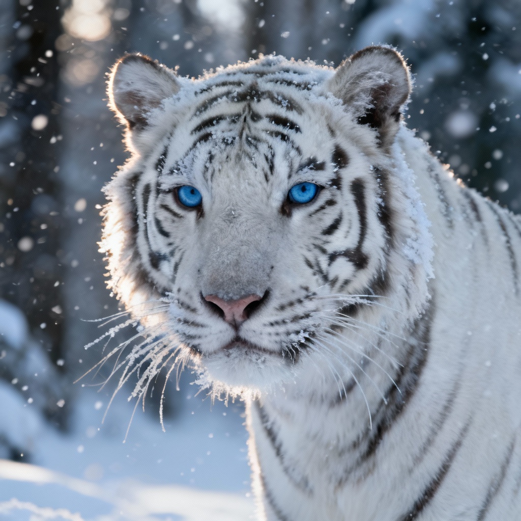 AI white tiger portrait in snowy forest with icy blue eyes