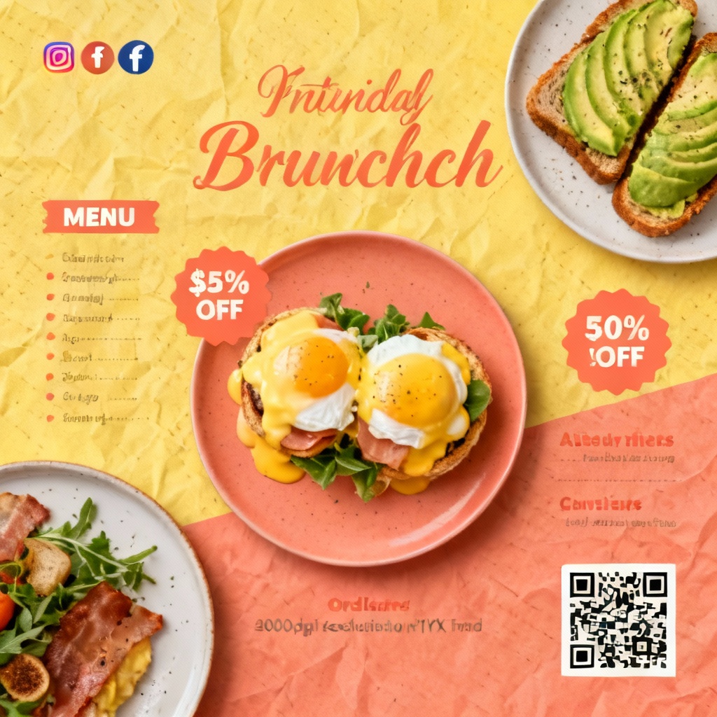AI restaurant brunch flyer with warm colors and food photography