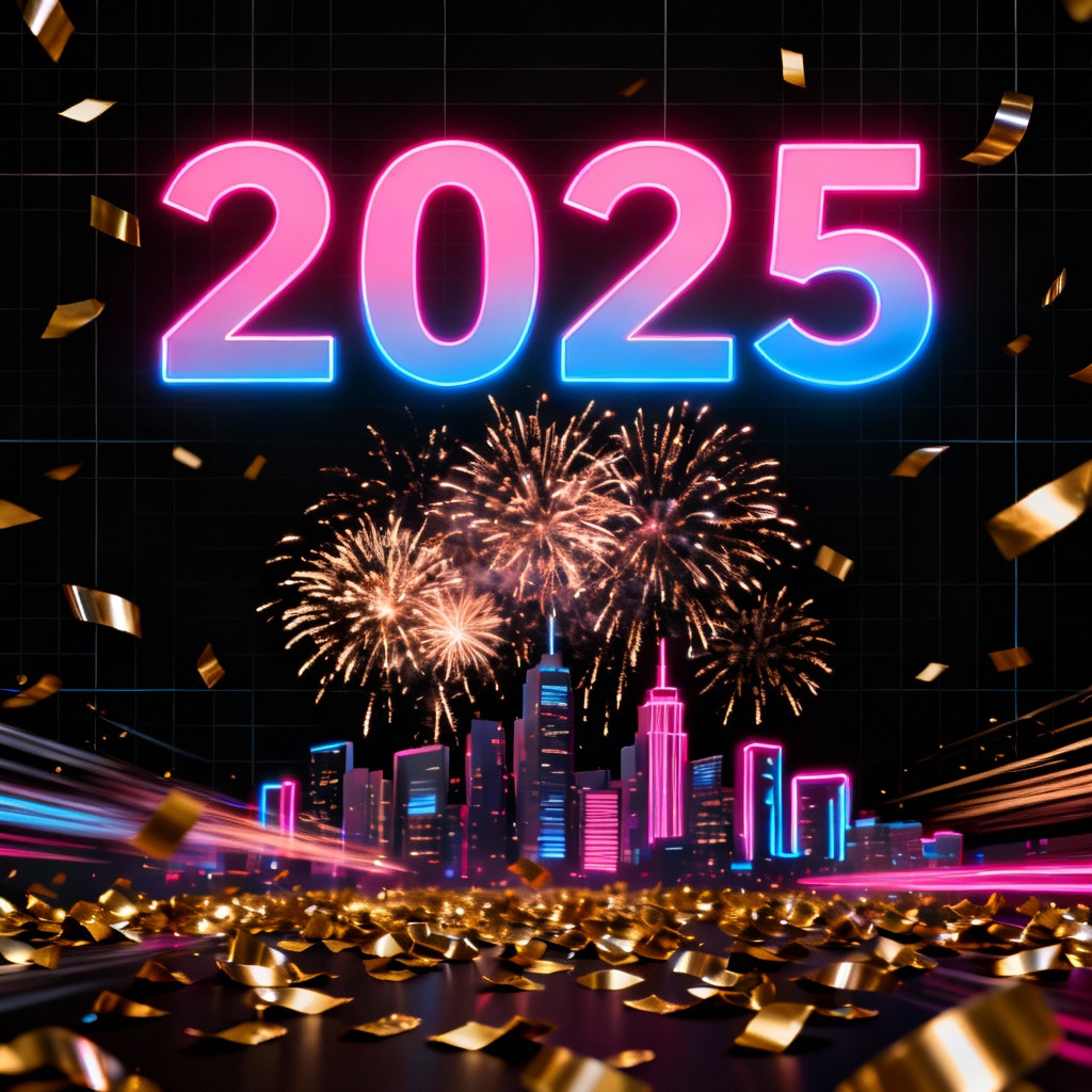 AI New Year party poster with fireworks and bold 2025 type