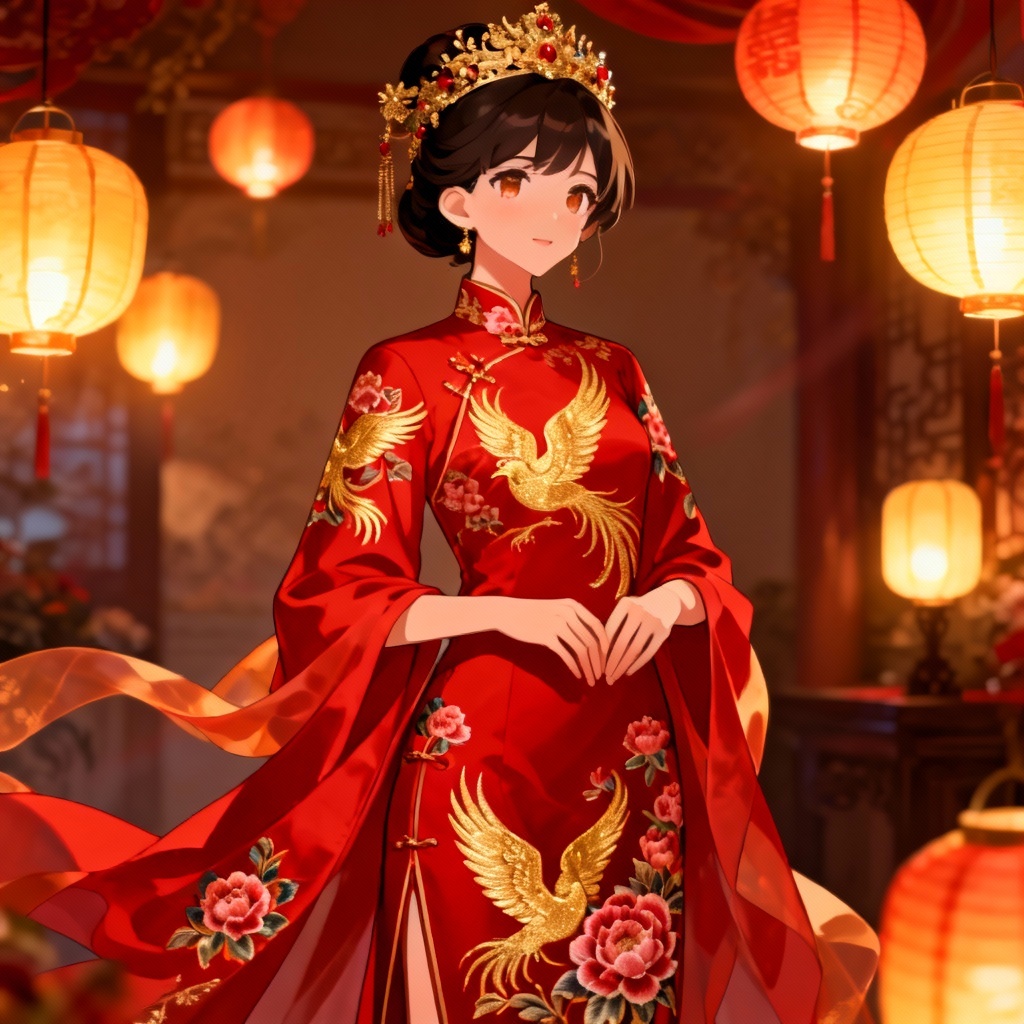 Anime bride in traditional red wedding qipao