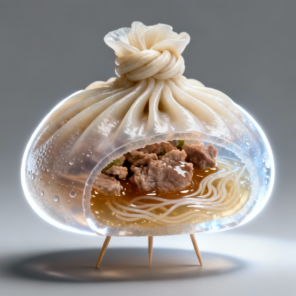 Cross section of xiao long bao with soup filling