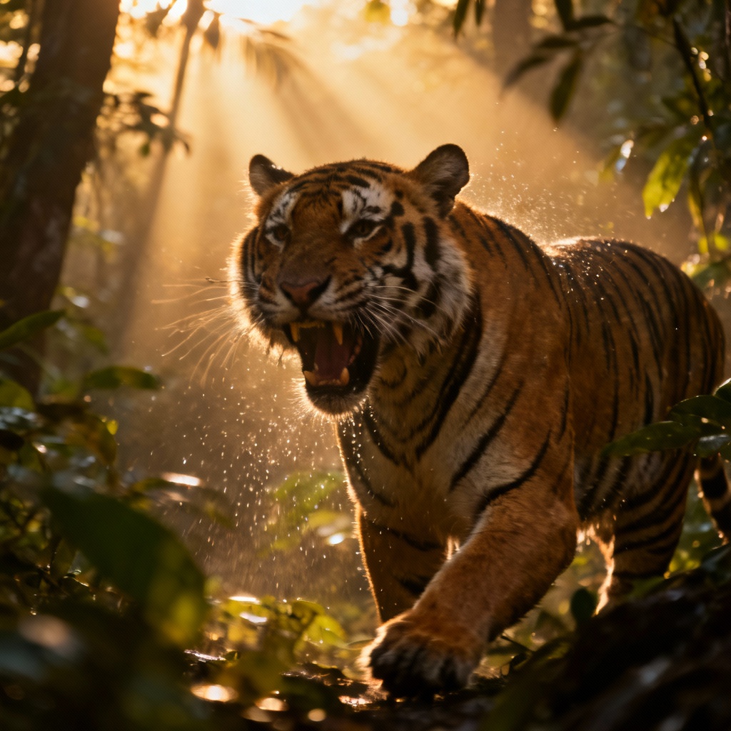 AI cinematic roaring tiger in jungle light shafts