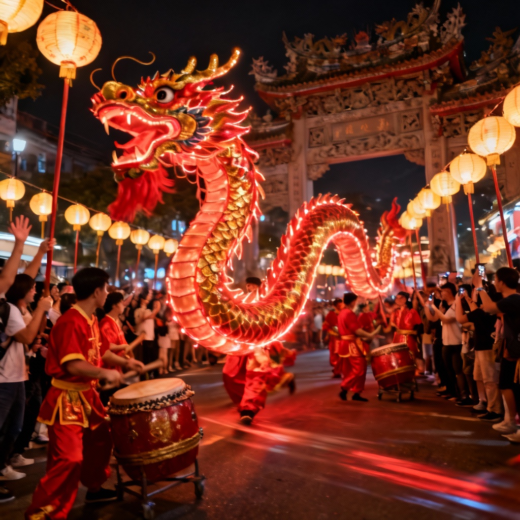AI dragon dance parade with drums and lanterns