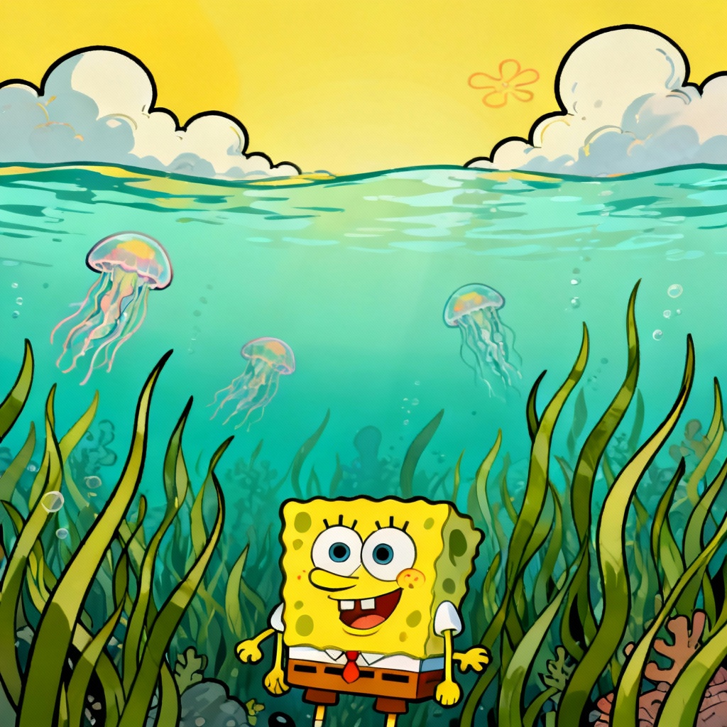 AI SpongeBob-style jellyfish meadow landscape