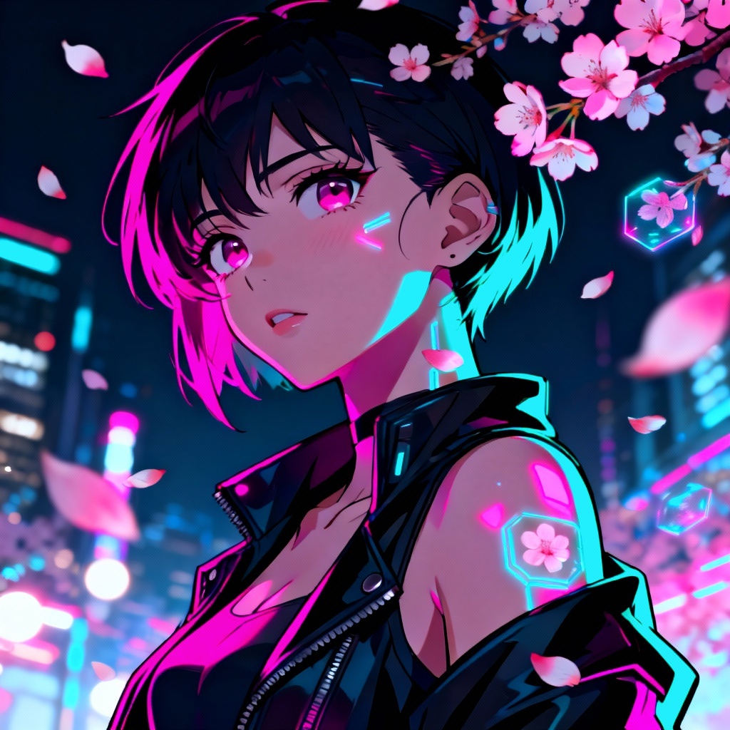 Cyberpunk anime portrait with neon sakura