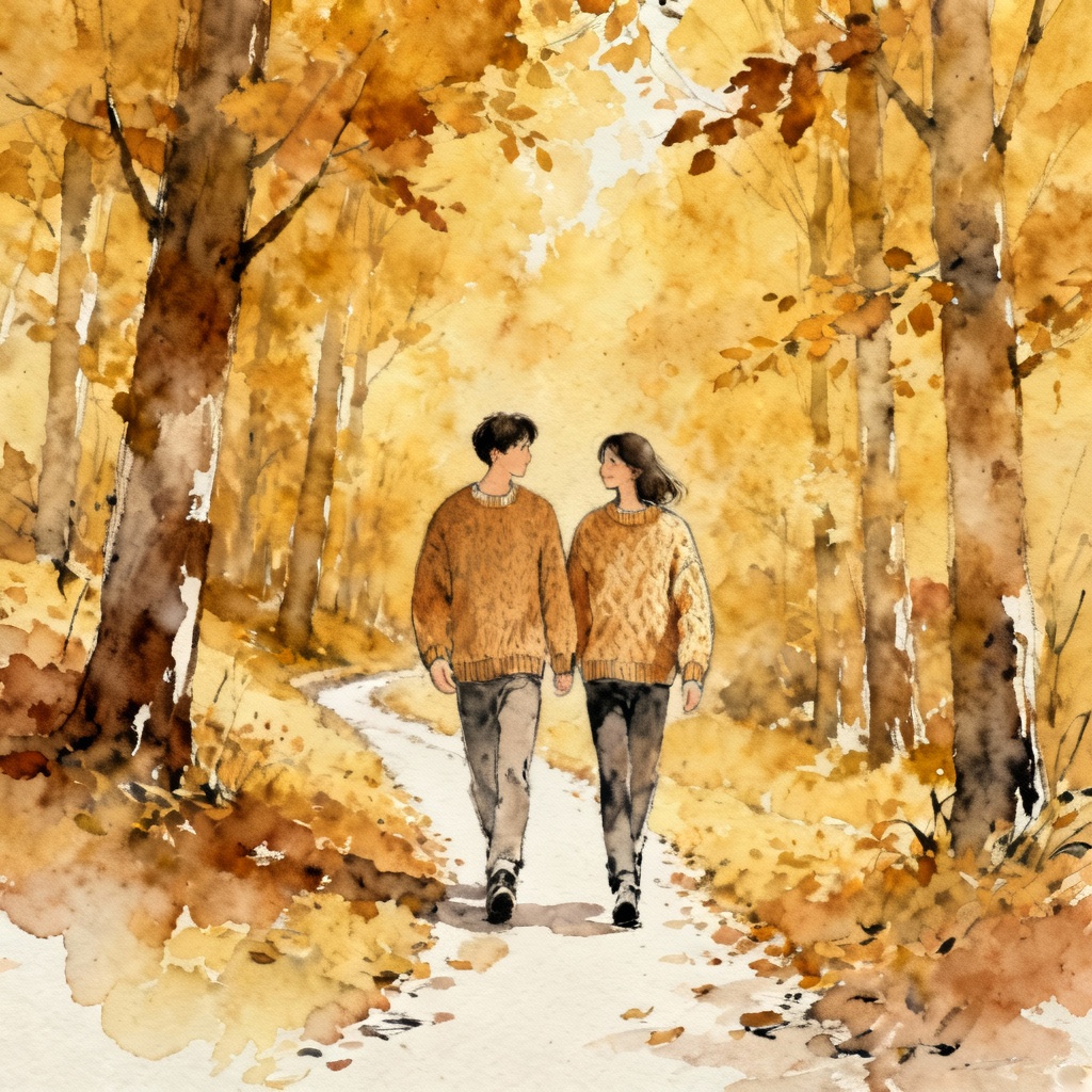 AI Watercolor Couple Autumn Stroll