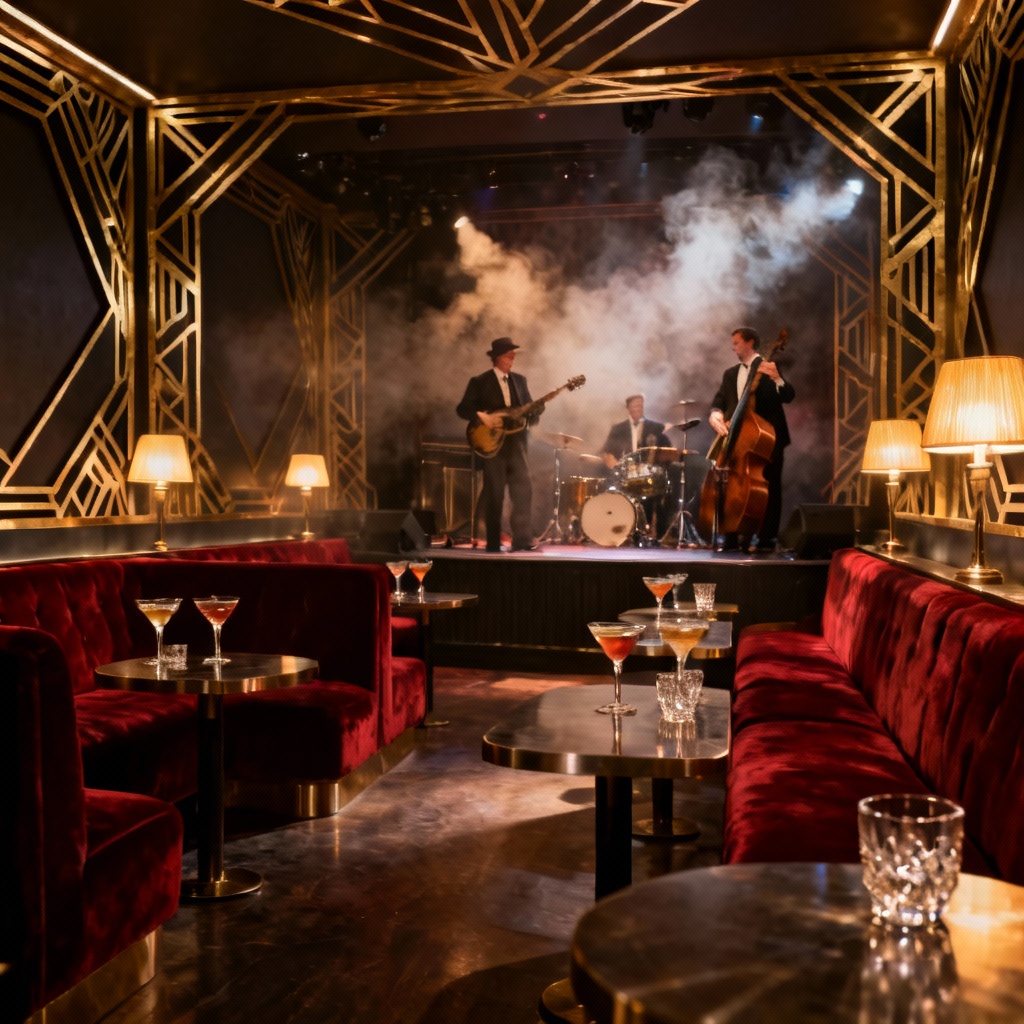 AI 1920s art deco jazz club interior with band