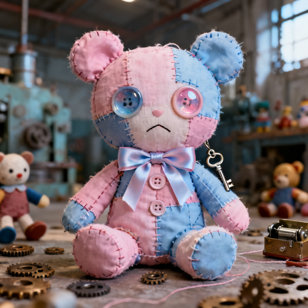 AI patchwork doll Poppy Playtime OC with pastel ribbons and button eyes