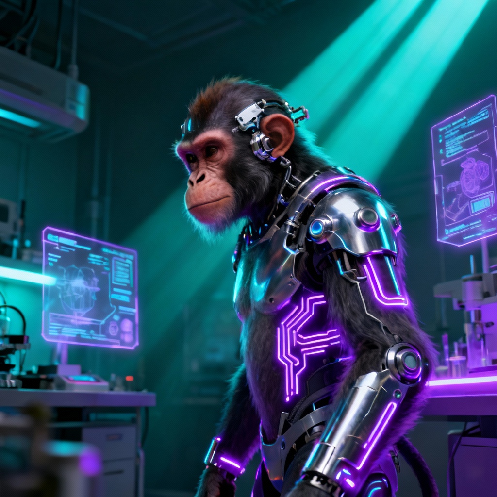 Cyborg baboon with neon circuitry in sci-fi lab