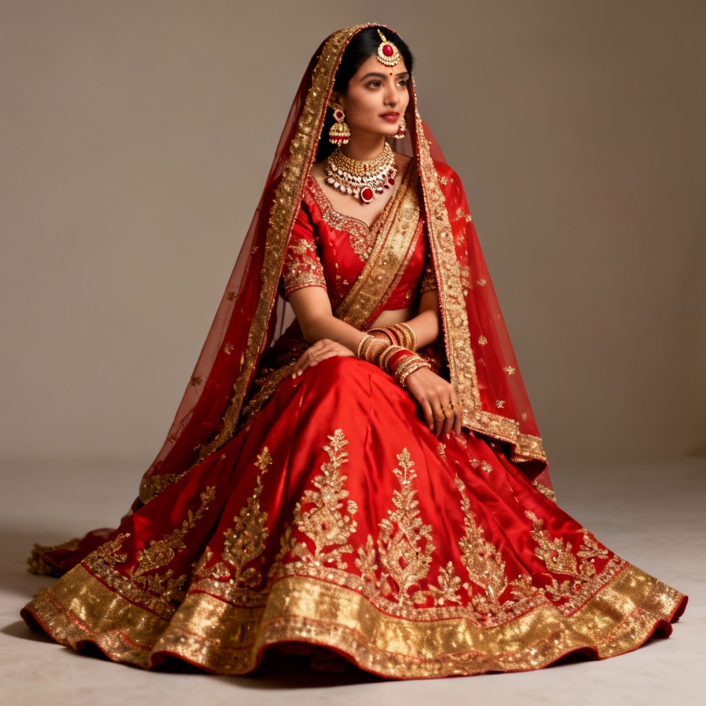 AI Indian bride in red Banarasi lehenga with gold jewelry and double dupatta