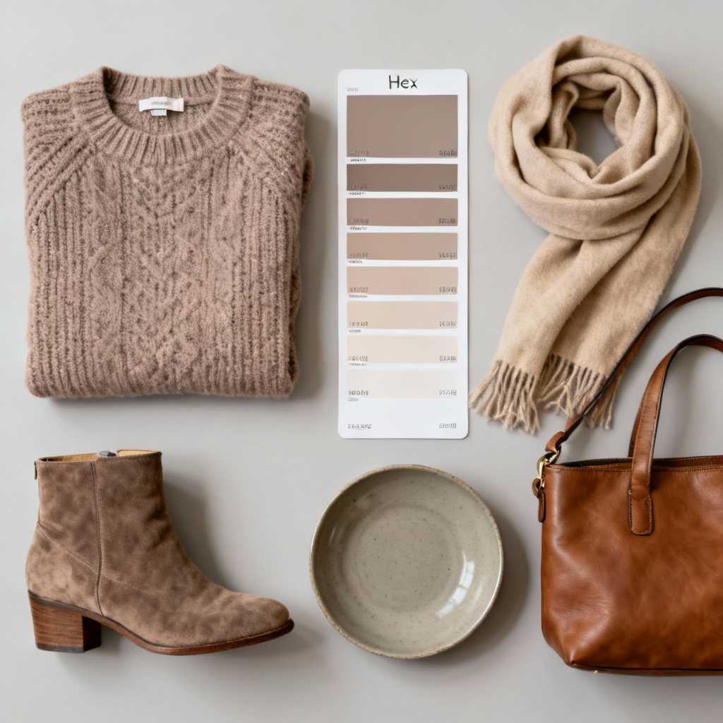 AI taupe fashion accessories flat lay