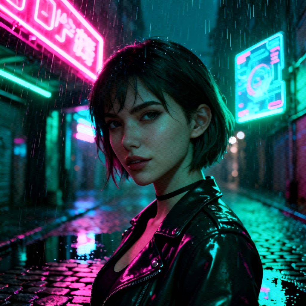 AI girlfriend avatar in a neon cyberpunk city