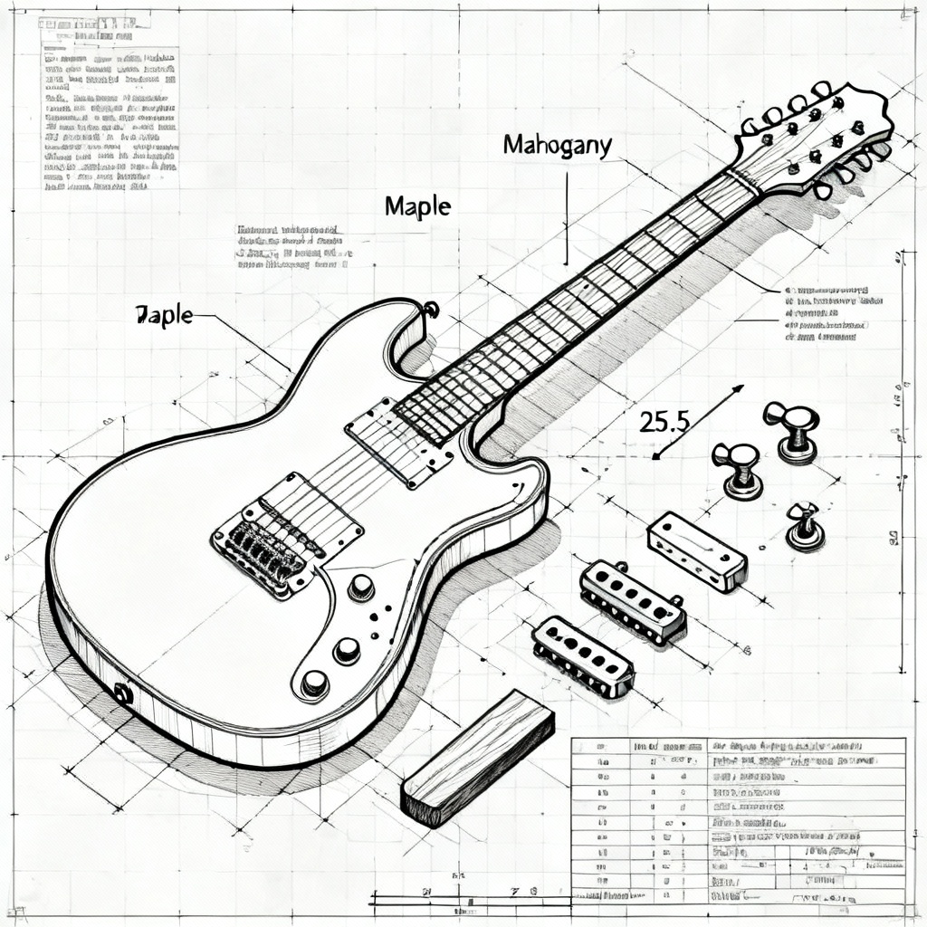 AI guitar design blueprint with specs and materials