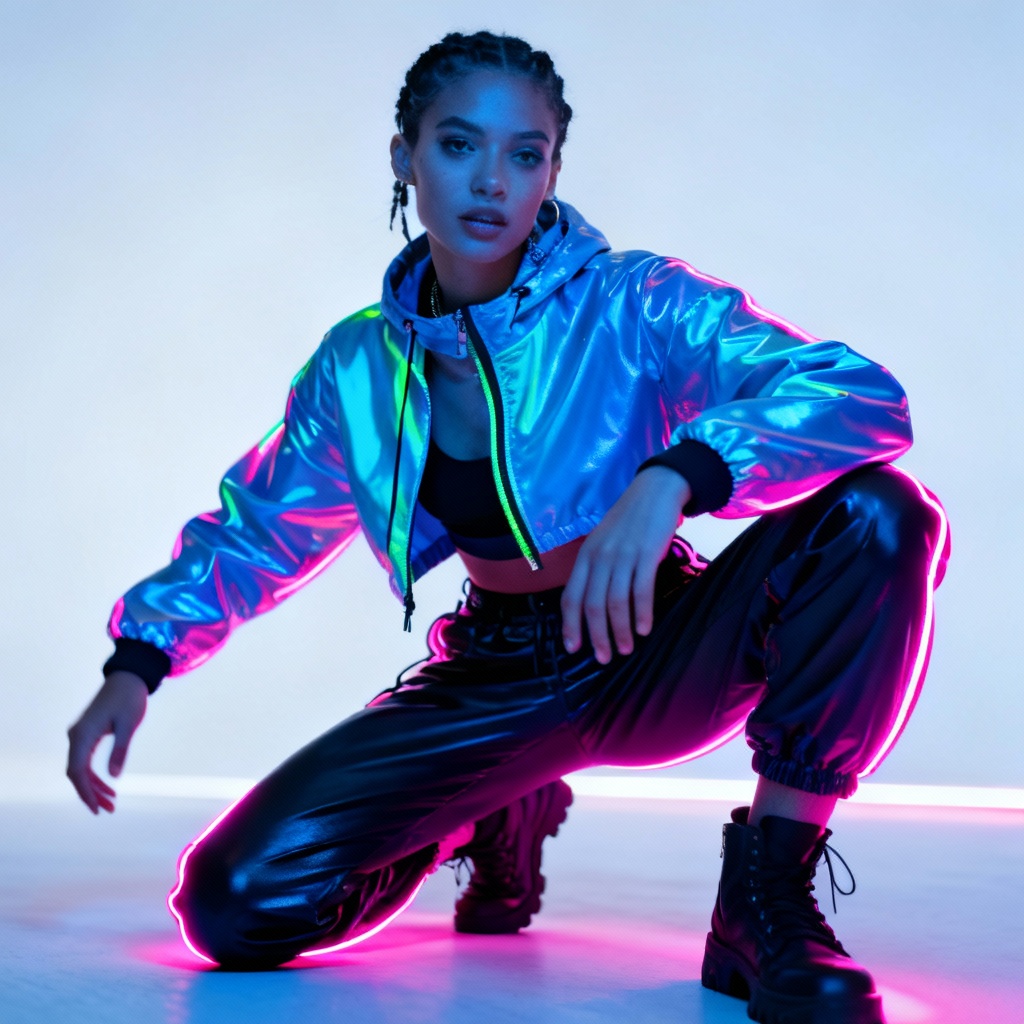 AI stylish portrait in neon streetwear with bold lighting