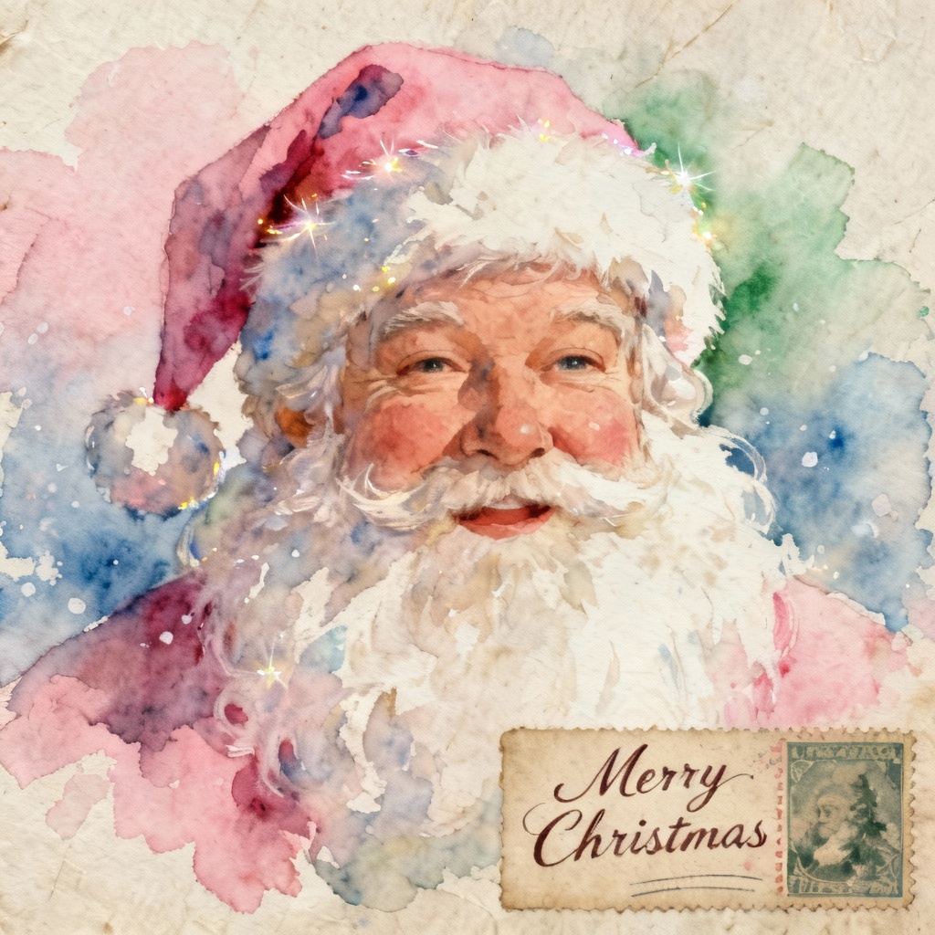 AI watercolor Santa postcard illustration
