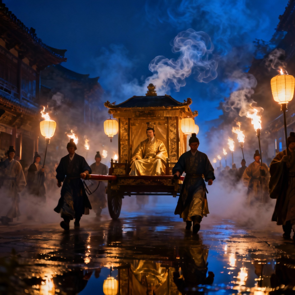 AI torchlit imperial procession with palanquin and lanterns