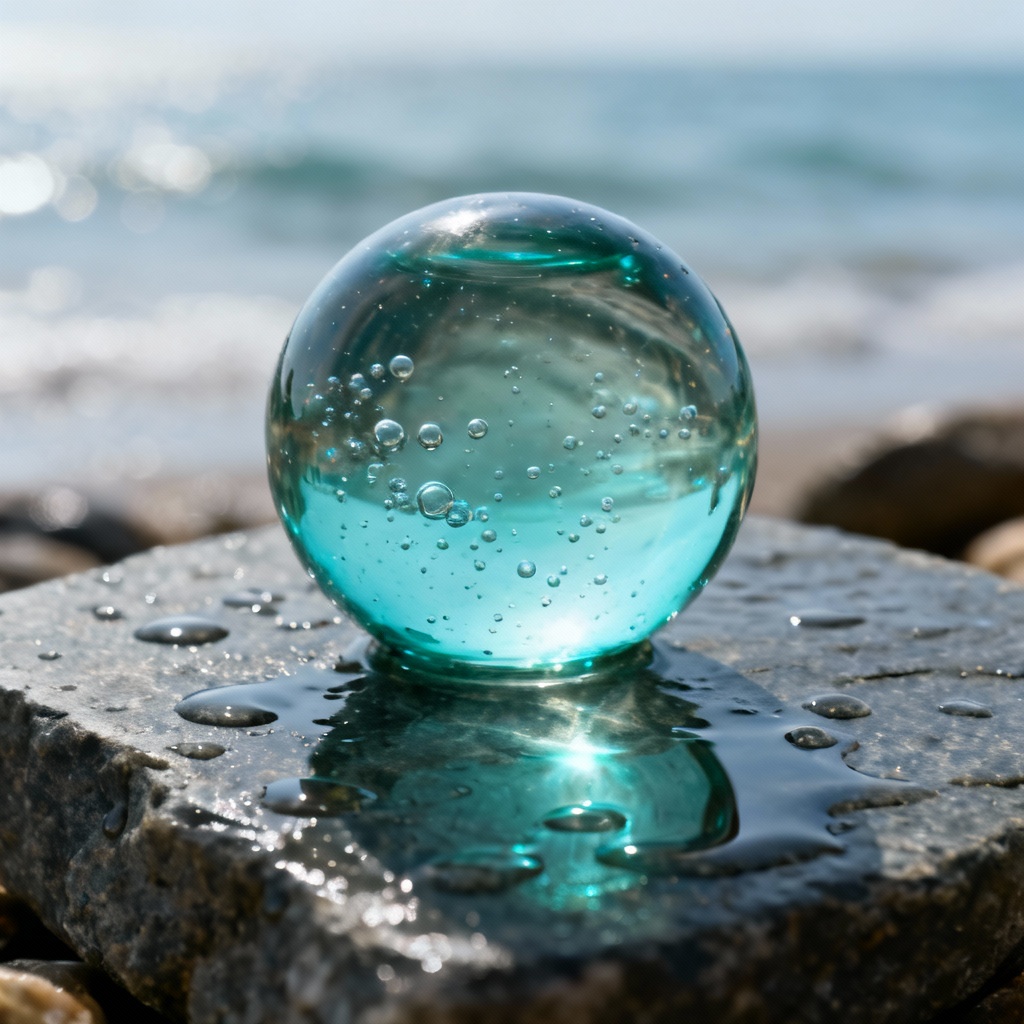 Ocean-themed glass orb with tiny bubbles and teal caustics