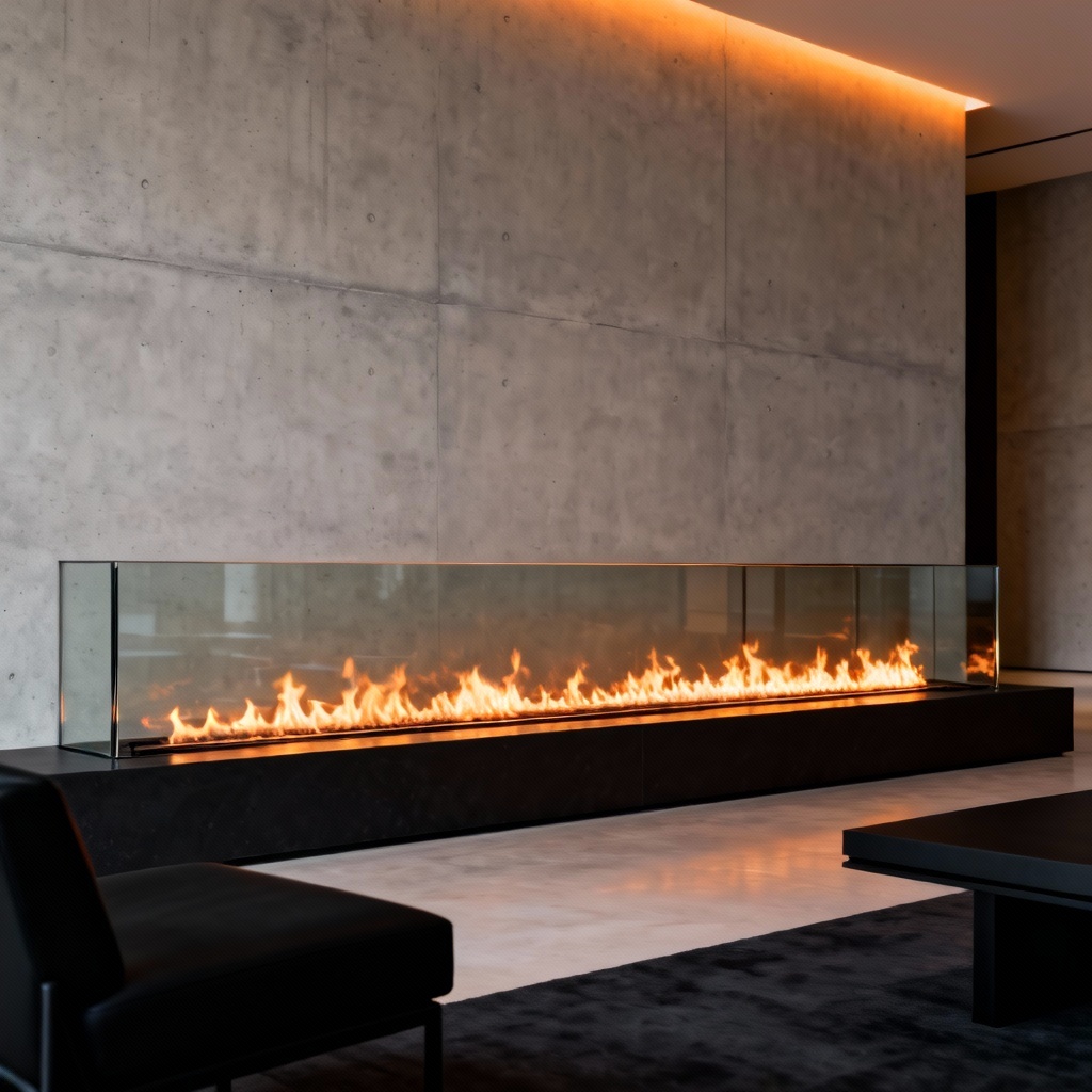 Modern linear fireplace with zen minimal design