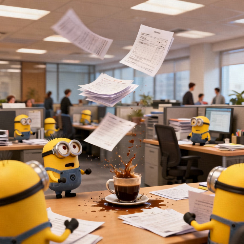 AI Despicable Me office chaos scene