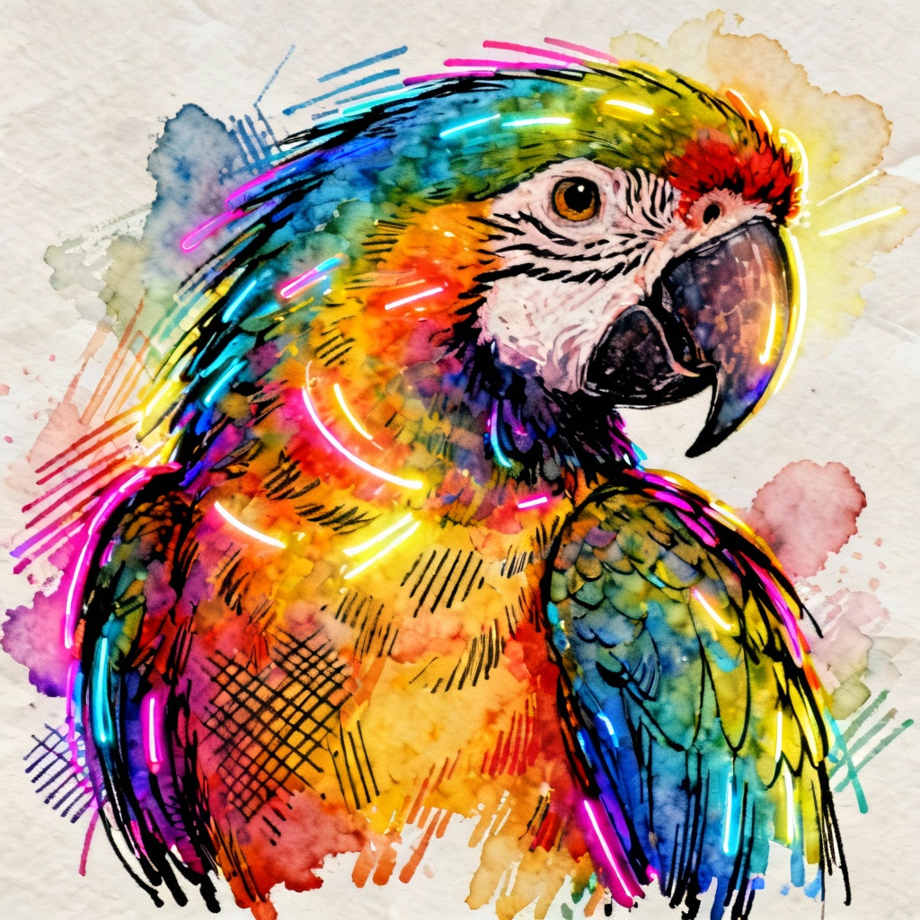 AI colorful neon parrot sketch illustration