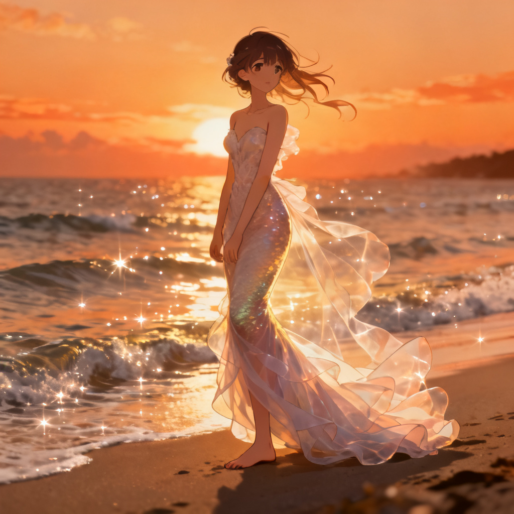 AI anime bride on sunset beach