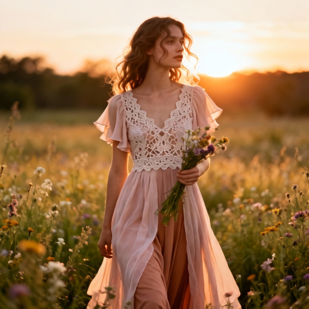 AI boho lace A-line gown outdoors