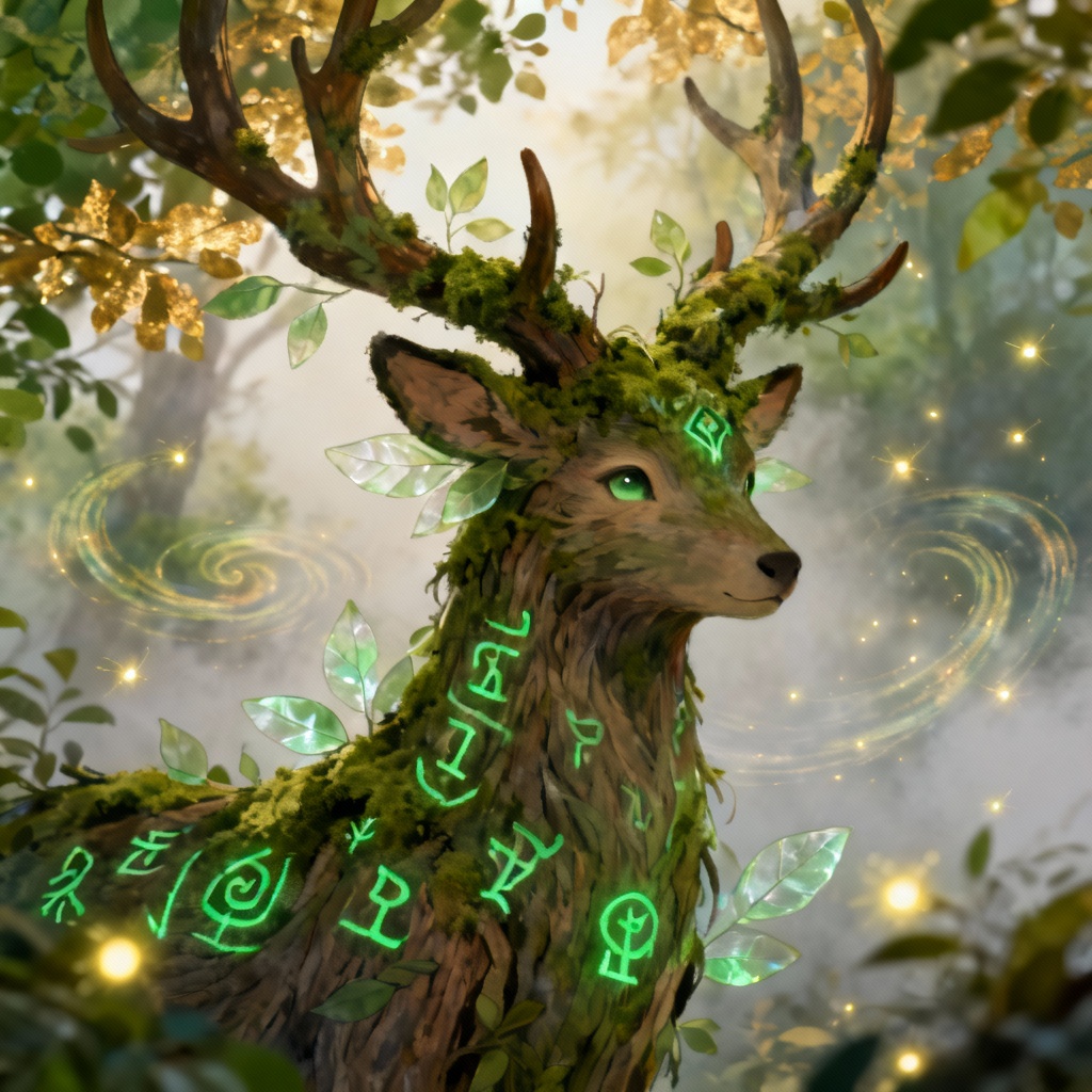 Ancient forest spirit with antlers and glowing runes
