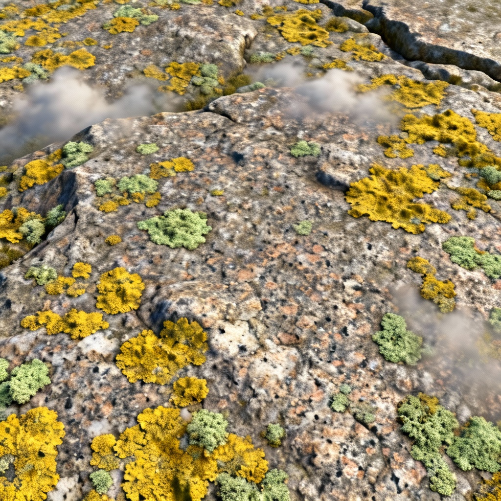 Granite rock with yellow and green lichen patches