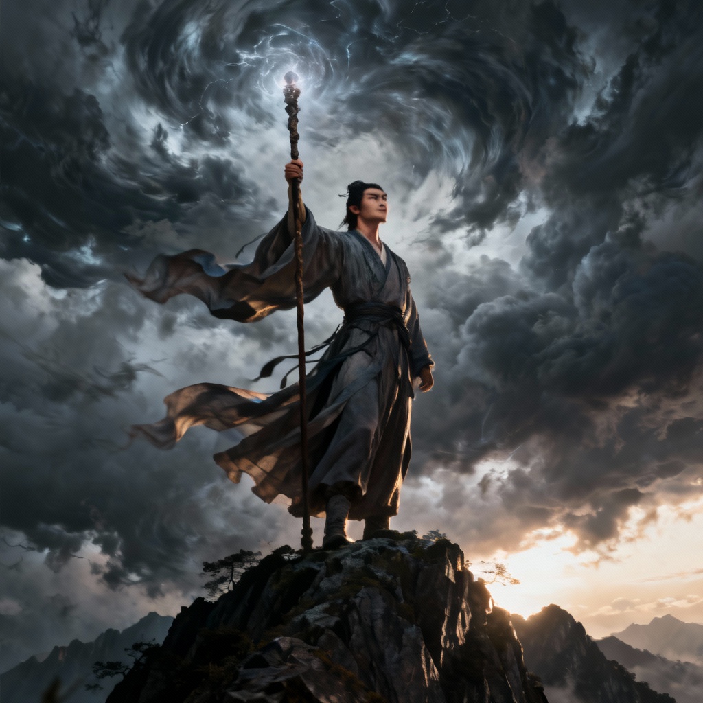 AI Jiang Ziya commanding a storm over mountains