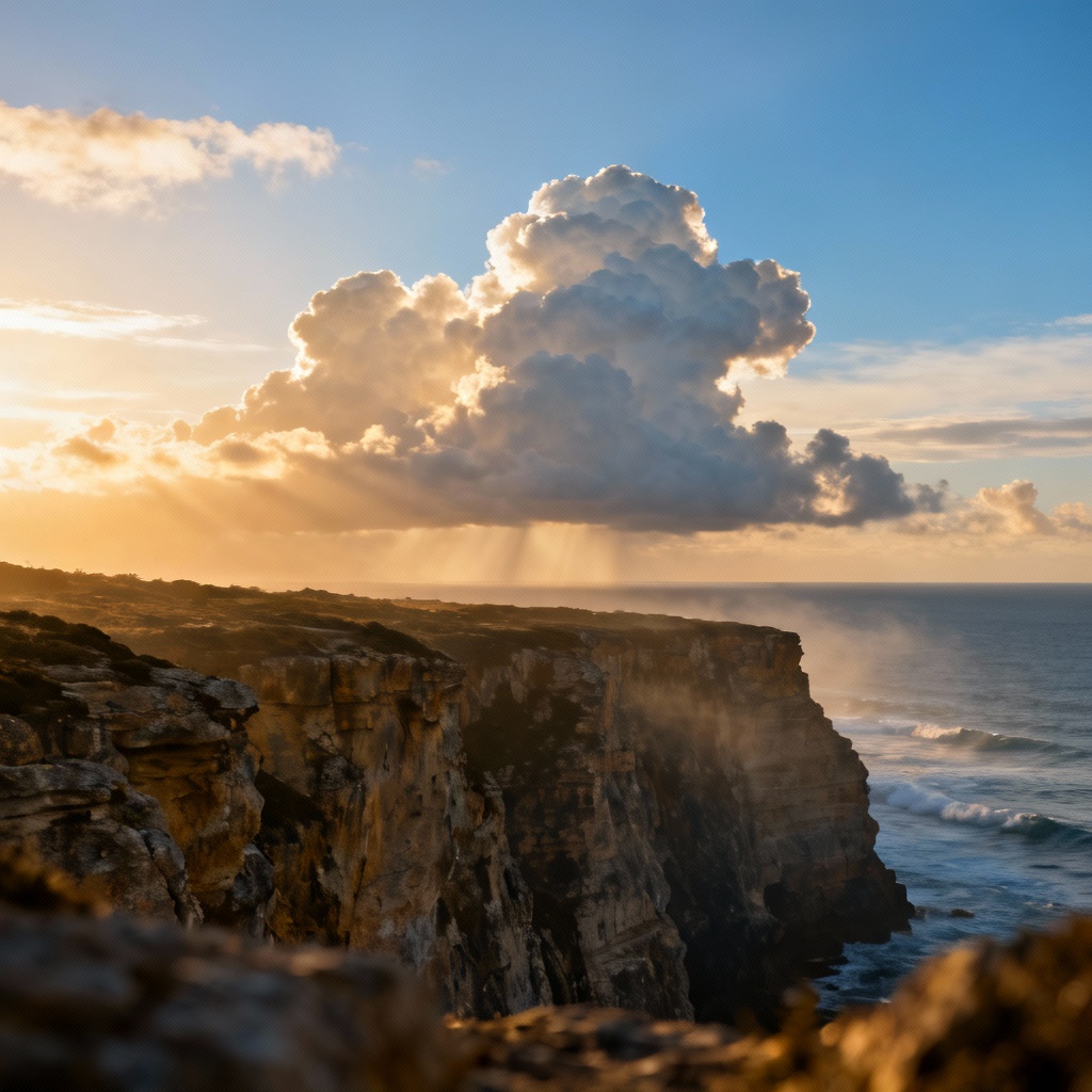 Photorealistic golden hour sky over coastal cliffs generated by AI