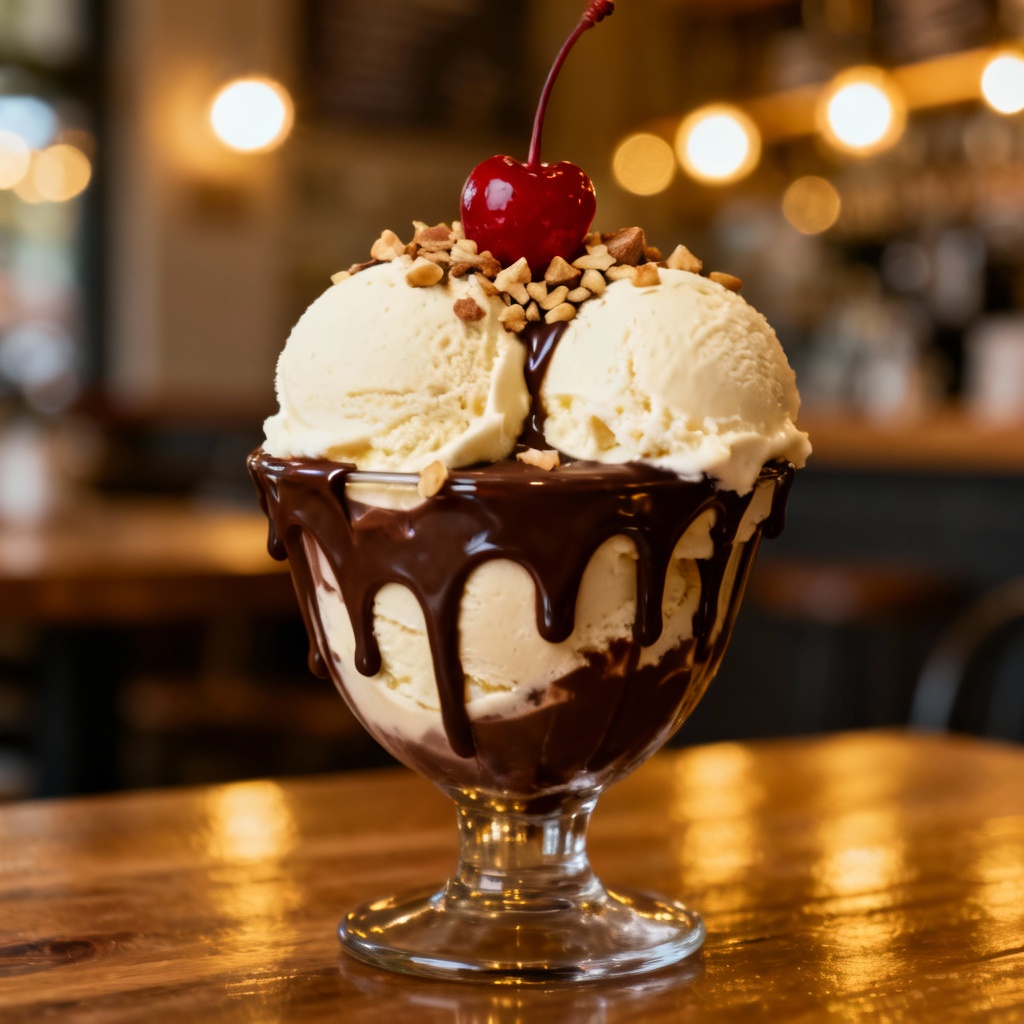 Ice cream sundae with chocolate drizzle and cherry