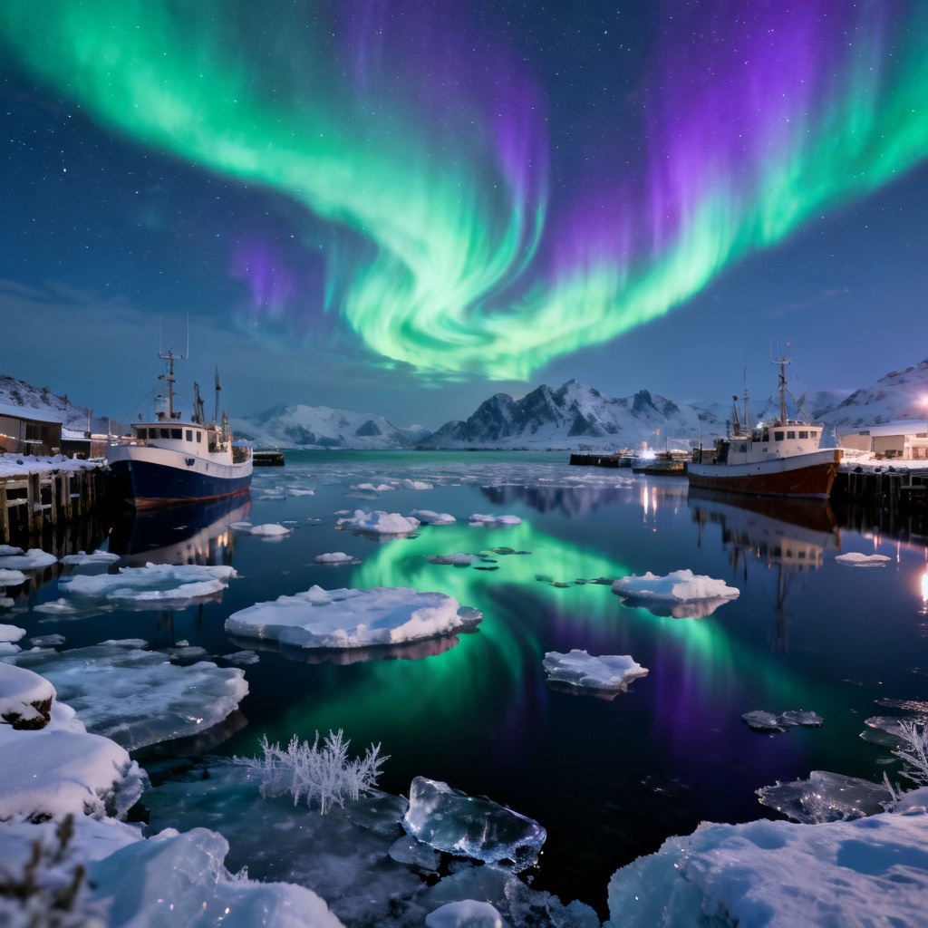 AI northern lights over a frozen harbor at night
