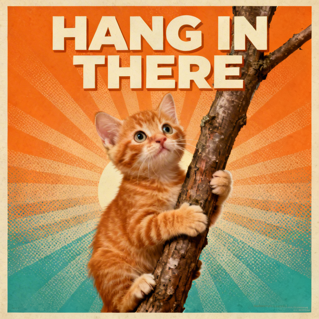 Retro hang in there cat poster with kitten on a branch and bold text