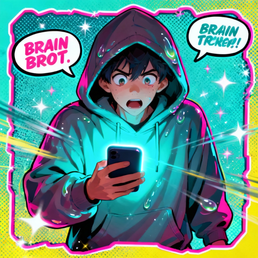 AI neon doomscroll brainrot hero with bubble text
