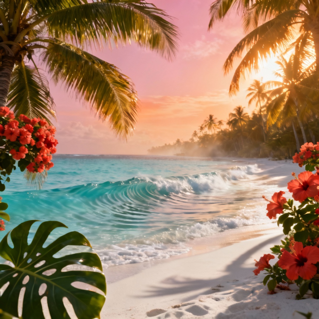 AI tropical beach background at golden hour with palm trees