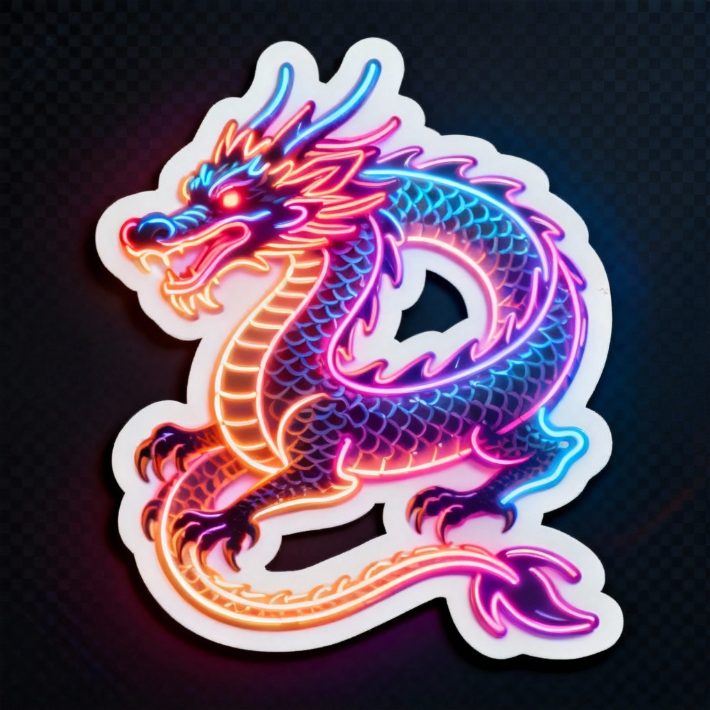 Neon dragon line-art sticker with die-cut border